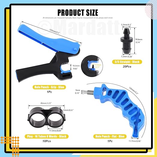 32Pcs Drip Irrigation Tubing Hole Punch & Fitting Insertion Tool with 1/2" 3/8” Drip Tube Closure Connectors End Cap Plugs for 5/8" 25/32" 1" Pipe Garden Greenhouse Agricultural Watering