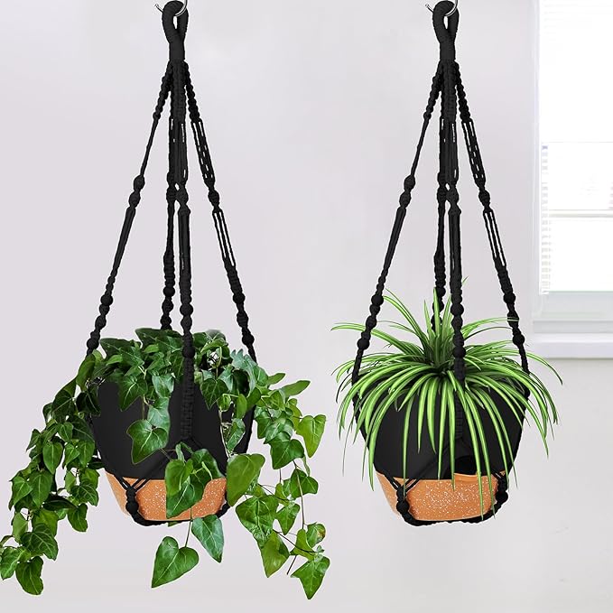 GARDIFE 10 Inch Hanging Planters with Macrame Plant Hanger for Indoor and Outdoor Plants, 2 Pack Large Self Watering Hanging Plant Pot with Basket Flower Pot with Drainage Hole, Black