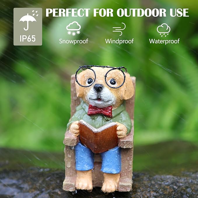 Solar Garden Decor Statues Dog Figurines Mini Fairy Garden Accessories Outdoor Lights,Garden Art Patio Porch Balcony Yard Home Lawn Ornaments,Christmas Birthdays Gifts for Mom Grandma