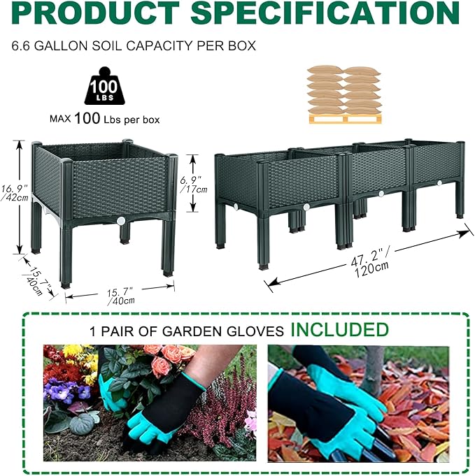 Emalie Raised Garden Beds Elevated Plastic Planter Box with Drainage Plugs Perfect for Vegetables Flowers Herbs Growing Outdoor, 47.2" Lx15.7 Wx16.5 H Grey