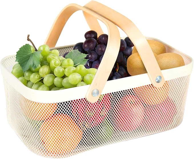 Garden Harvest Basket,Delicate Harvest Basket for Garden Vegetables,Practical Metal Mesh Wire Basket with Handle Suitable for Bathroom,Cabinet,Kitchen(White)