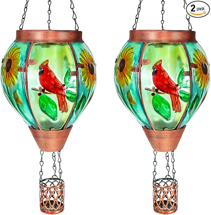 2 Pack Solar Hot Air Balloon Lantern With Flame, Cardinal Glass Solar Hanging Lights for Outdoor Yard Patio Farmhouse Decoration, Gifts for Women Grandma Mom