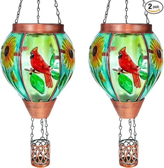 2 Pack Solar Hot Air Balloon Lantern With Flame, Cardinal Glass Solar Hanging Lights for Outdoor Yard Patio Farmhouse Decoration, Gifts for Women Grandma Mom