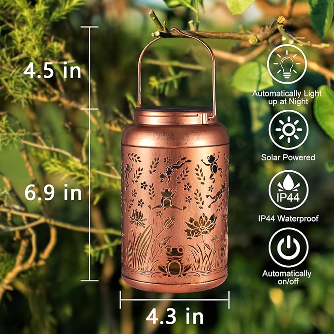 Frog Decoration Solar Lanterns Outdoor Waterproof Garden Decor Gifts for Women Mon Grandma Metal Hanging Solar Lights for Outside LED Lanterns for Yard, Patio, Lawn, Tabletop, Pathway, Landscape