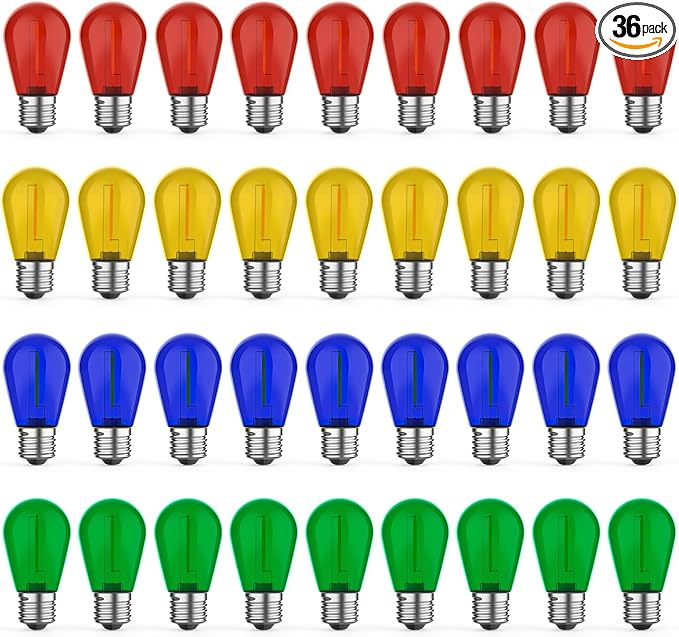 36 Pack LED S14 Colored Light Bulbs for Outdoor String Lights, Shatterproof 1W Replacement Bulbs for Party Lights, 2200K Warm White, Dimmable, E26 Base, Multi-Color: Red/Green/Blue/Orange
