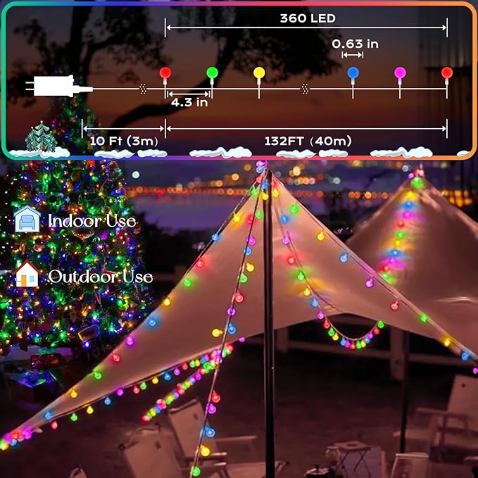 360 LED String Lights 132ft, 8 Lighting Modes Plug in Fairy String Lights for Bedroom Classroom Patio Garden Wedding Party Christmas Tree Outdoor Indoor Decorations Multicolor