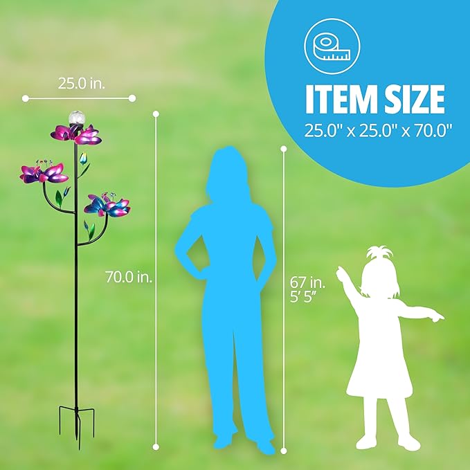 Exhart Garden Solar Lights, Lotus Flower Wind Spinner Garden Stake with Color Changing LED Crackle Ball and 3 Flowers, Outdoor Garden and Yard Decor, 20.5 x 70 Inch