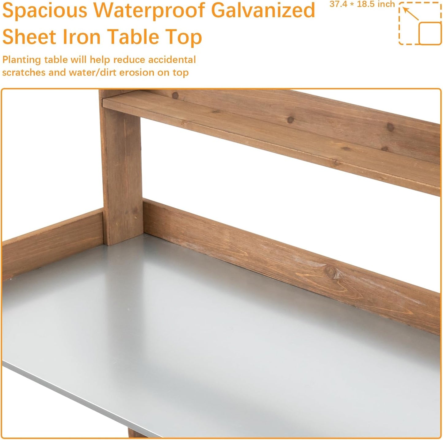 Folding Potting Bench Table,Outdoor Potting Bench Garden Wooden Potting Table,Fir Wood Workstation Planting Table with Galvanized Tabletop,2 Tier Storage Shelves,Top Shelf(Brown)