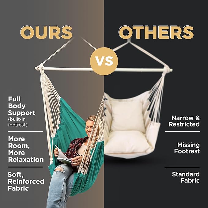 Hanging Hammock Chair Swing – Hanging Chair Outdoor & Indoor - Hammock Swing Chair – Quick & Easy Setup with Hardware Kit – Durable & Spacious Full Body Support – Holds 440 Lbs