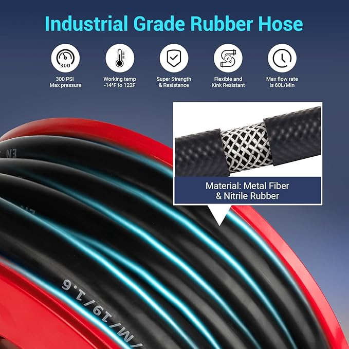 Fuel Hose Reel, 3/4" x 50FT Retractable Diesel Hose Reel, 300 PSI Industrial Heavy Duty Auto Swivel Rewind Hose Holder Reels, for Vehicle Tank Truck Trailer Ship