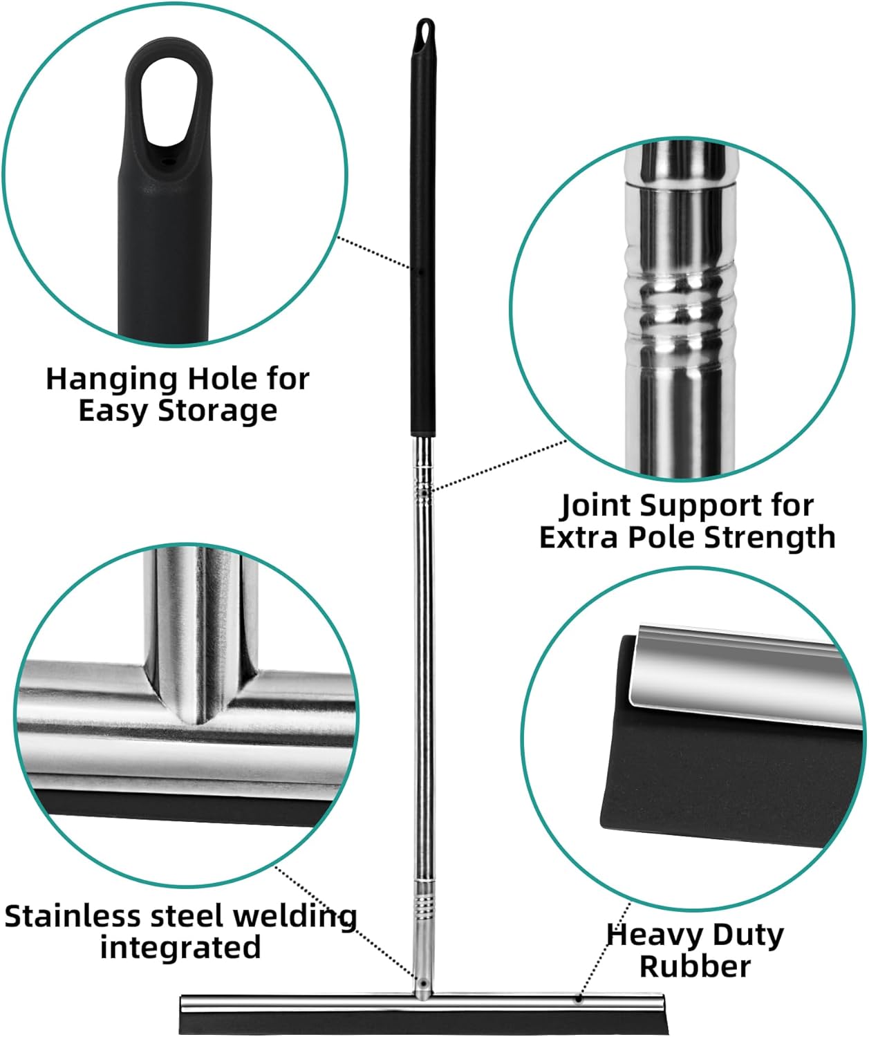 Floor Squeegee Scrubber 59inch Long Stainless Steel Handle with 15inch Wide Silicon Rubber Blade Squeegee Broom for Floor Washing and Drying Shower Glass, Garage, Window, Marble, Wood Surfaces