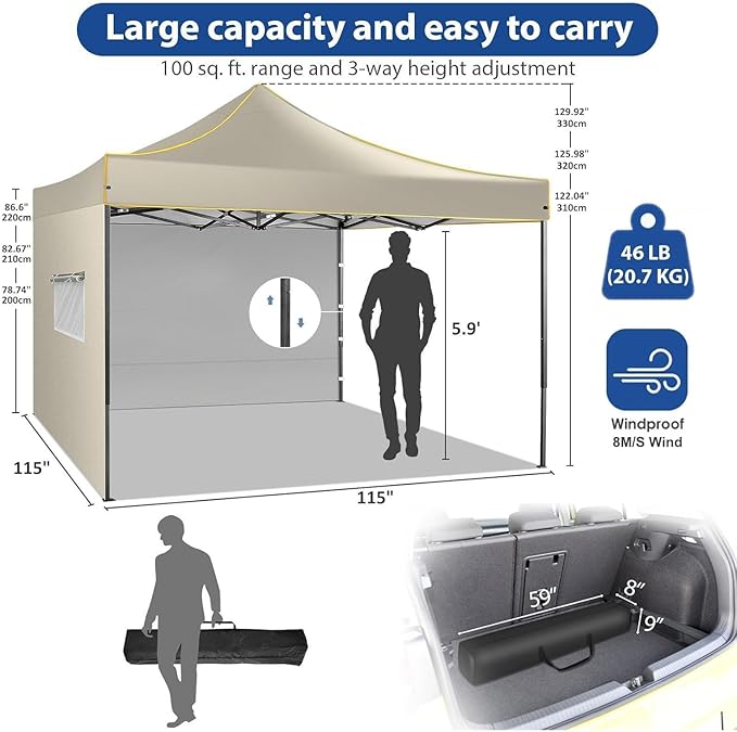 COBIZI 10x10 Heavy Duty Pop up Canopy with 4 Removable Sidewalls, Canopy Tent with Portable Bag, Ez Pop up Tent Commercial Gazebo Waterproof Sunshade for All Weather Party Camp Stall Patio,Khaki
