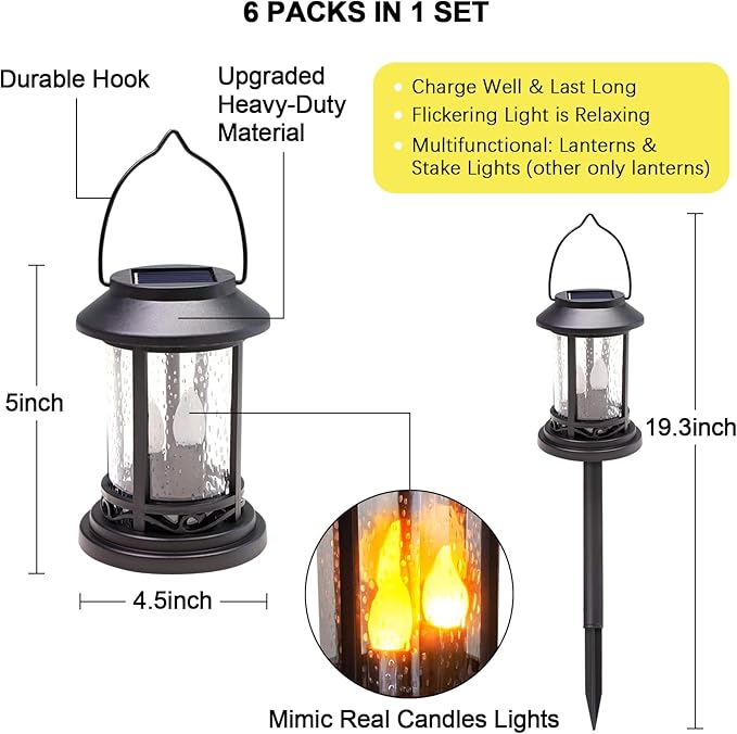 Beautyard Outdoor Solar Candles Lights Flickering Decorative Lantern Stake Lighting for Garden, Backyard, Lawn, Pathway, Patio Accessories and Decor ( 6 Pack , Black )…