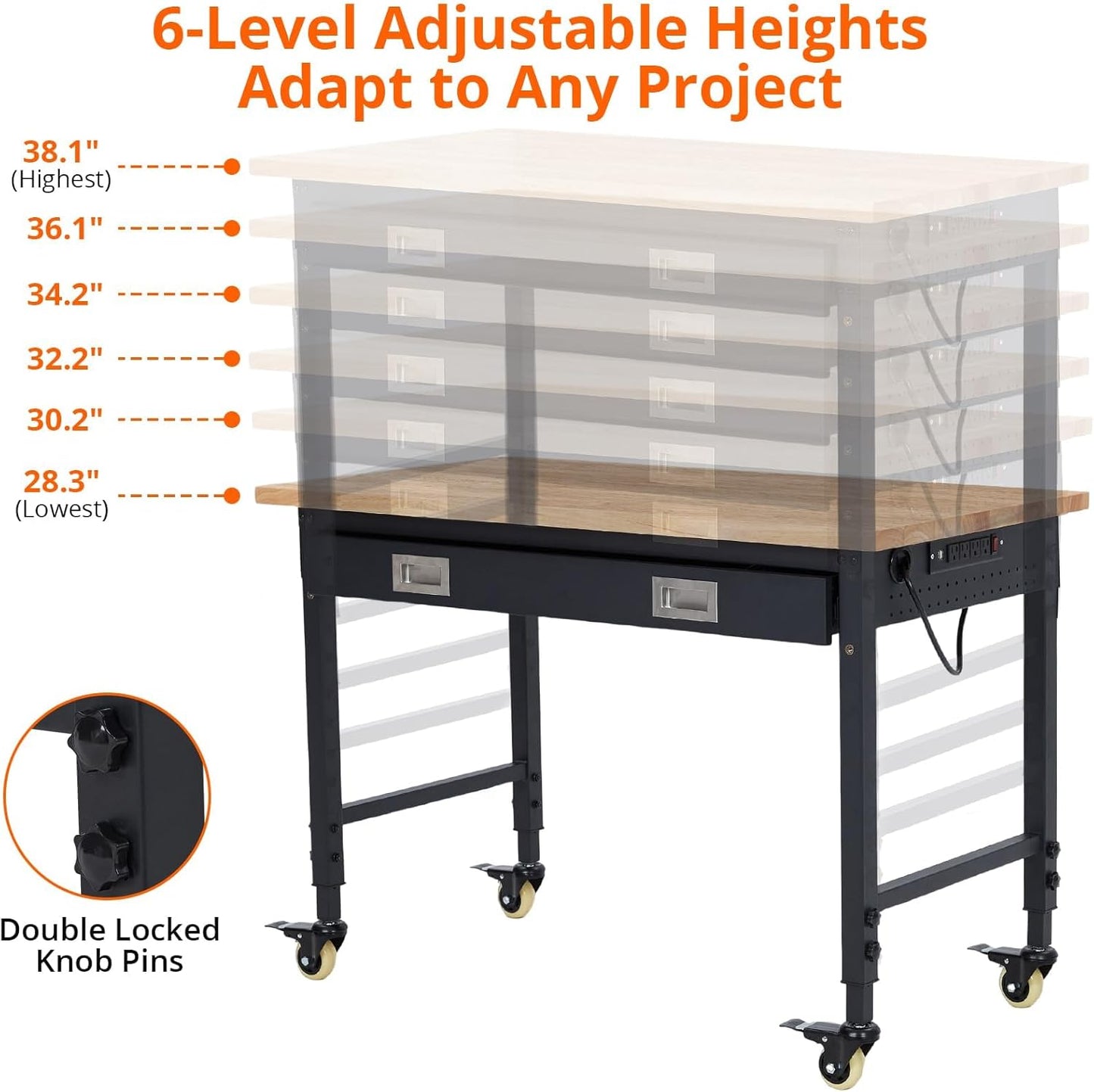 48x24 Inch Heavy-Duty Adjustable Workbench with Rubber Wood Top – 2000LB Capacity Mobile Garage Workstation with Drawer&Backplate, Ideal for Workshop, DIY & Tool Storage