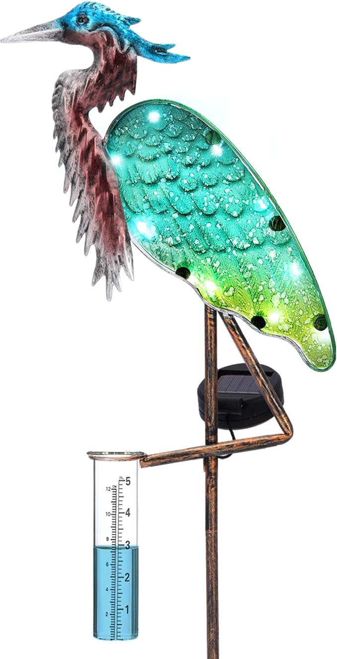Heron Rain Gauge Solar Stake Outdoor, 43’’ Solar Rain Gauge LED Lights with Rainfall Gauge for Garden, Yard, Lawn, Pathway, Patio