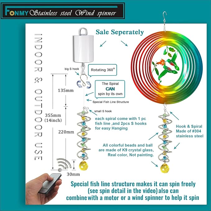FONMY Gazing Ball Spiral Tail -Decorative Wind Spinner Sun Catcher Rainbow Maker Double-Spiral W/Golden Crystal Ball and Chain Crystals for Indoor Outdoor Garden Decoration -14 inch Height