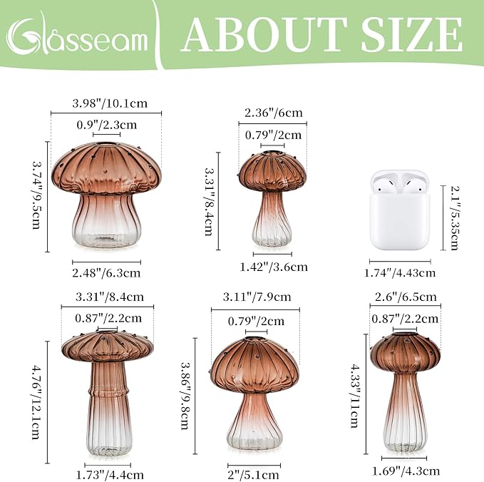 Glasseam Mushroom Plant Propagation Stations: Amber Glass Terrarium Jar Set of 5 Cute Planters for Indoor Plants Mini Propagate Station Unique Christmas Birthday Gifts for Women Home Office Decor