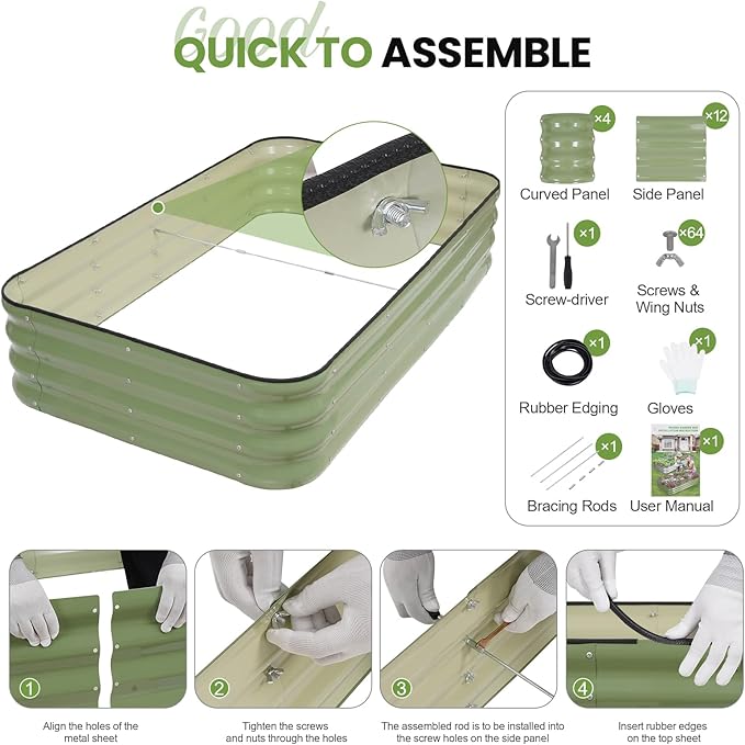 G GOOD GAIN 4-in-1 Adjustable Raised Garden Bed Kit | Galvanized Planter Boxes for Vegetables, Flowers | 12" Tall, Multiple Sizes (5x3x1ft, 4x4x1ft, 6x2x1ft, 7x1x1ft) | Outdoor Metal Raised Bed, Green