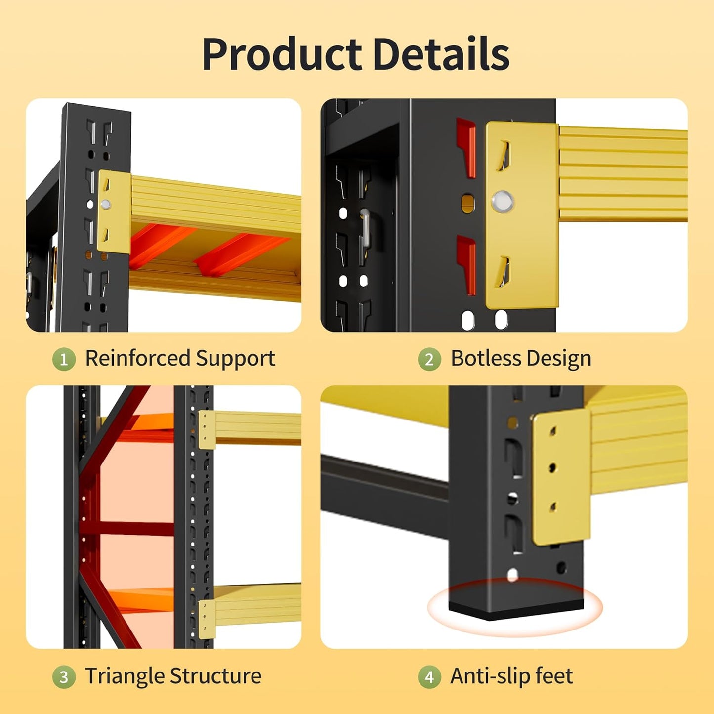 Garage Shelving Unit, 4 Tier Heavy Duty Racks, Easy Assembly, Metal Racks with Adjustable Shelves, 3000 LBS Load Capacity,for Warehouse,Basement (Black&Yellow, 19.7" D x 31.5" W x 63" H)