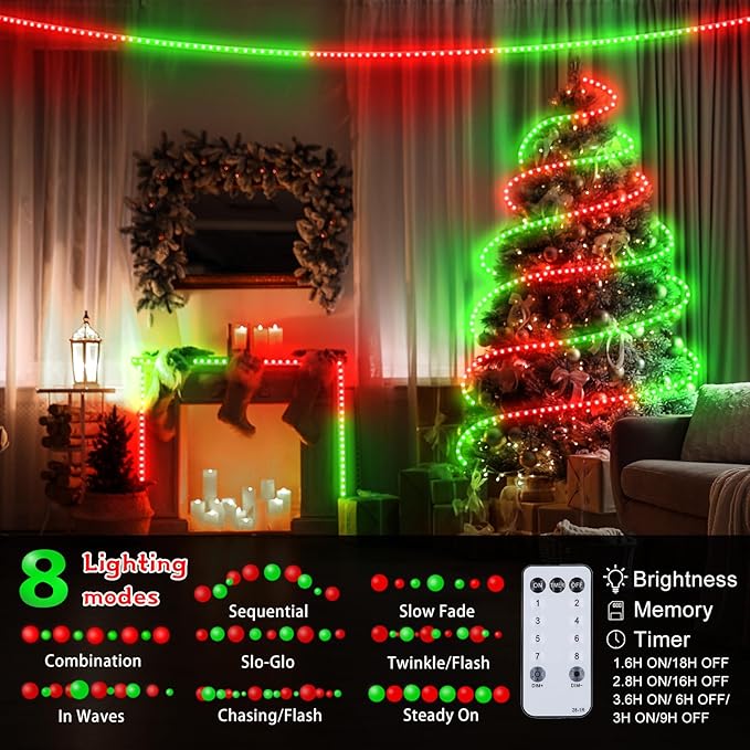 Christmas Rope Lights Outdoor, 50Ft 600 LED Red and Green String Lights, Waterproof Tube Light Plug in 8 Modes Timer Memory, Permanent Christmas Lights for Tree Fence Yard House Decorations