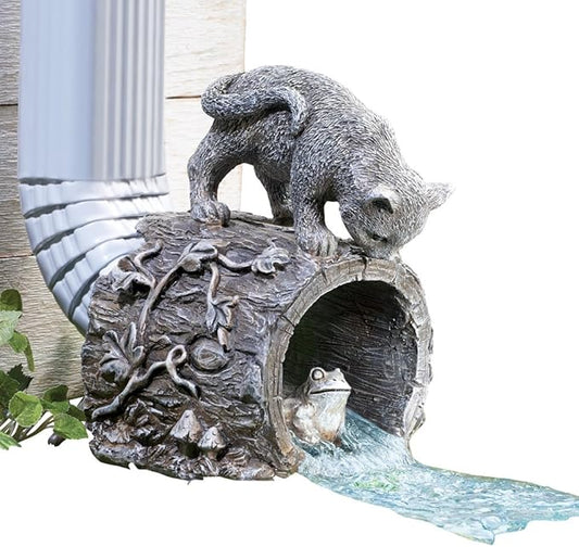 Collections Etc Curious Kitty Cat and Frog Gutter Downspout, Hand-Painted, Hollow Tree Stump Design, Grey