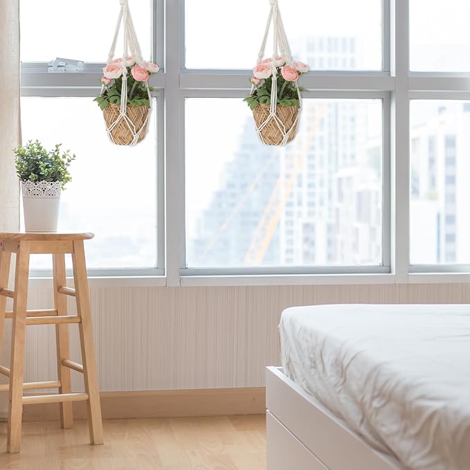 2 PCS Macrame Plant Hanger Indoor Hanging Plant Holder Hand-Woven Cotton Rope Flower Pot Basket with Metal Hook Rings Window Plant Hanger for Outdoor Hanging Pots Home Boho Decor, No Tassels, 23.6"