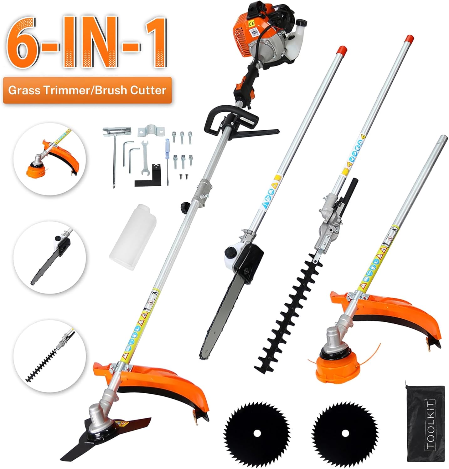 52cc Gas Trimmer Weed Eater, 6 in 1 String Trimmer, Wheeled Edger, Hedge Trimmer and Brush Cutter Blade for Quick Weed Grass Cleaning Crop Seed Soil Protection Tools