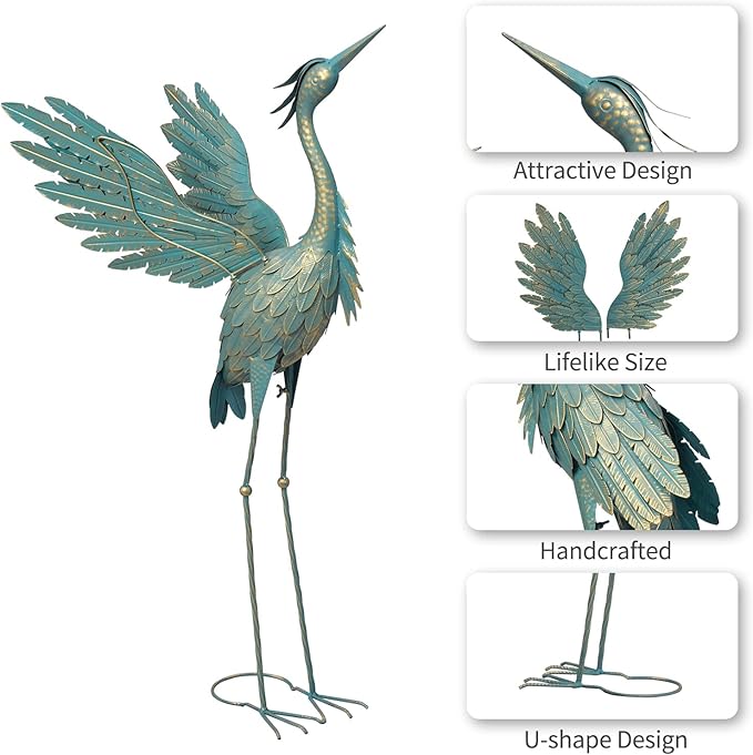Crane Statues for Outdoor, Metal Heron Garden Statues Bird Yard Art, Standing Sculptures for Yard Lawn Pond Garden Decor, 38-42 Inch Set of 2, Cyan