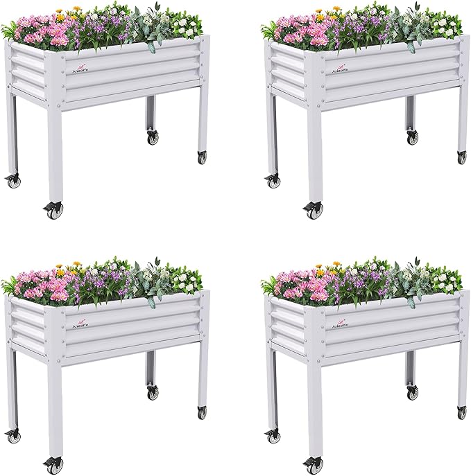 A ANLEOLIFE 4-Set Galvanized Raised Garden Bed with Legs,48x24x35in Large Elevated Planter Box on Wheels with Drainage Holes for Backyard, Balcony, Patio, 600lb Capacity, Antique White