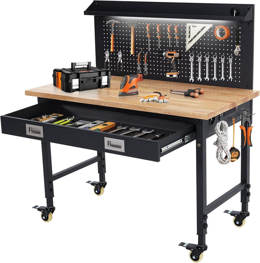48x24 Inch Garage Workbench with Wheels, Adjustable Rubber Wood Top Garage Workbench with Power Outlet, 2000 Lbs Load Capacity for Workshop, Woodworking, Office