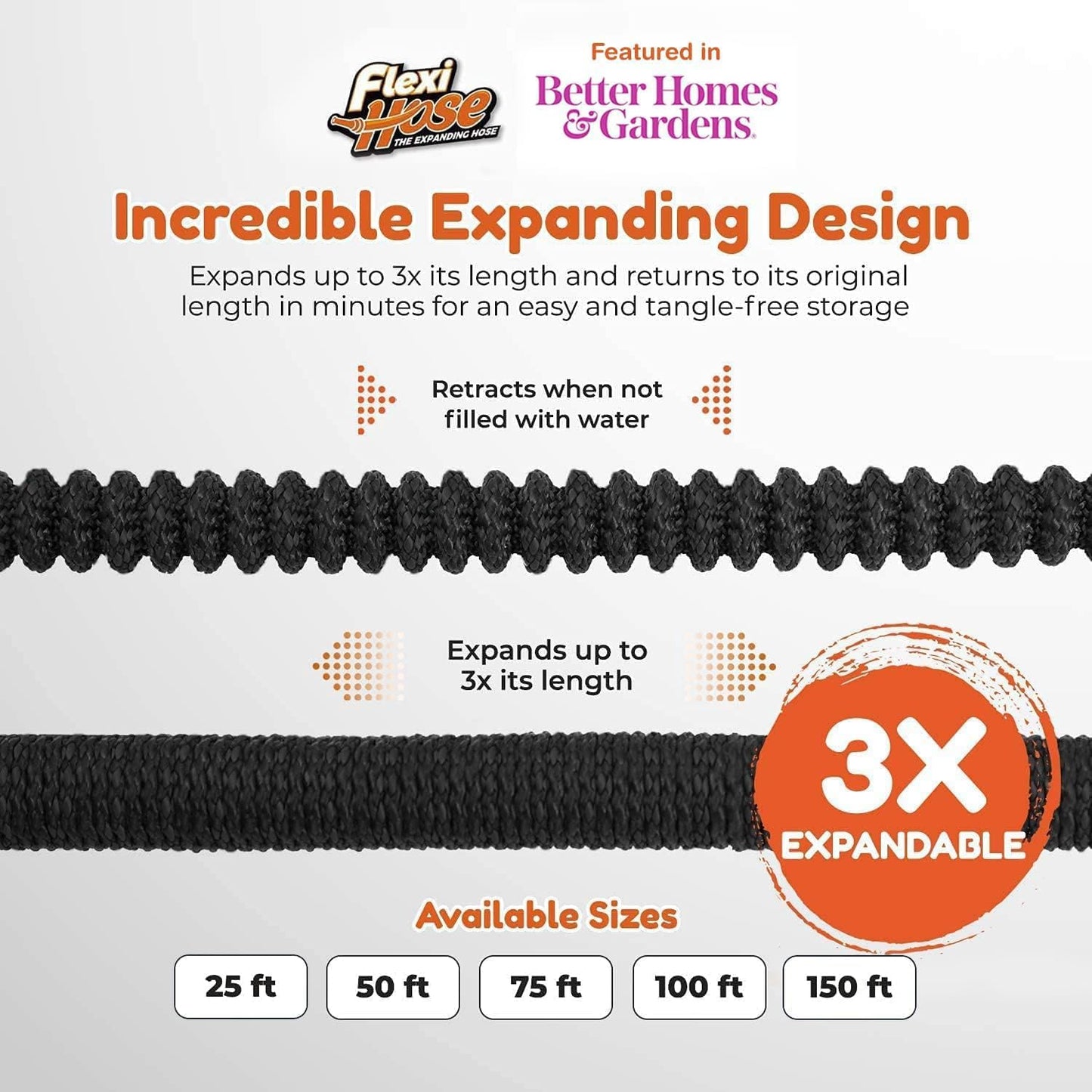 Flexi Hose with 8 Function Nozzle, 75FT - Lightweight Expandable Garden Hose, No-Kink Flexibility, 3/4 Inch Solid Brass Fittings and Double Latex Core