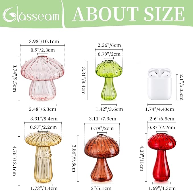 Glasseam Mushroom Planter Propagation Vase, Set of 10 Glass Terrariums for Plants, Cute Hydroponic Small Planter, Colored Propagate Station, Decorative Bud Vases for Flowers, Unique Gifts for Women