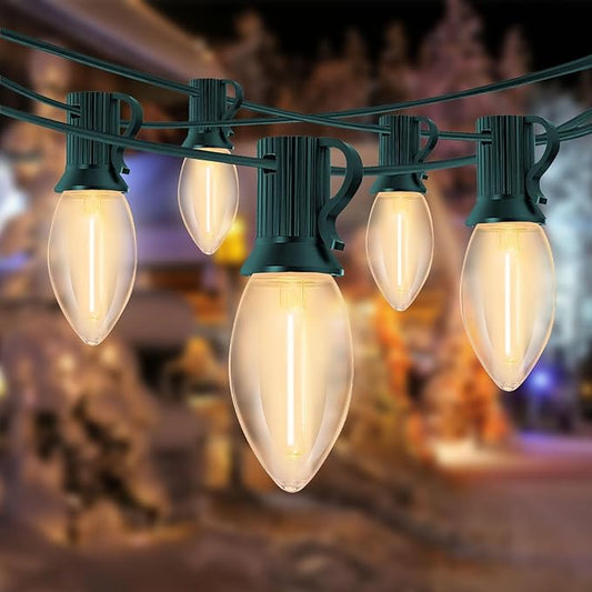 C9 LED Christmas Lights Outdoor, 25 Feet C9 Warm White String Lights Outdoor with 26 LED Clear Bulbs for Indoor Christmas Tree Roofline Holiday Party Garden Patio Backyard Cafe Decoration
