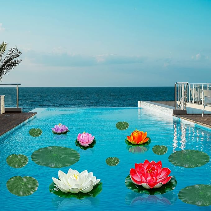 Artificial Lily Pads for Pond, 11in & 6in Artificial Flowers Floating Foam Lotus Flower with Fake Lily Pads, for Pool Garden Koi Fish Pond Aquarium Pool Wedding Decor, 14PCS