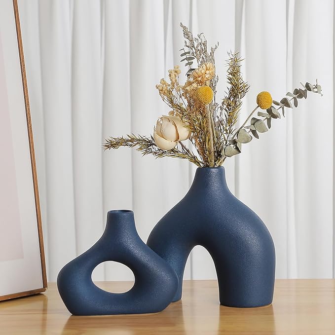 CEMABT Blue Ceramic Vase Set of 2 for Modern Minimalist Bohemian Decor，Round Matte Donut Vases for Pampas Grass-Perfect for Living Room, Dining Table, Office Bedroom Shelf Decor Entryway, Console