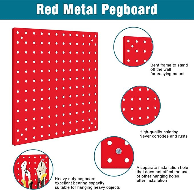 6 Pack Steel Peg Board,Universal 1/8 and 1/4 Pegboard Accessories,Ideal for Garage Tool Storage, Office Organization, Craft Room, Kitchen etc. (Red, 6-12X12)
