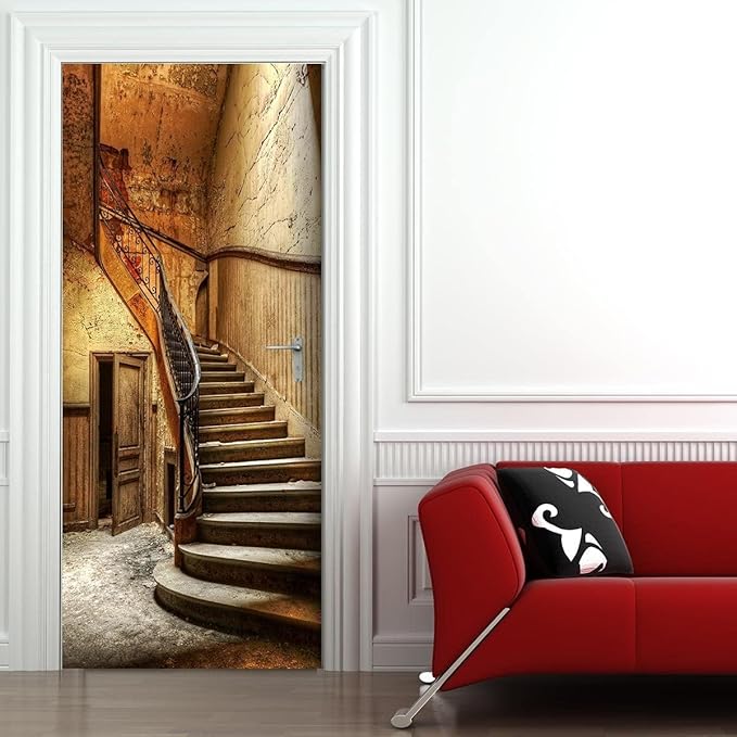 3D Door Stickers Murals Peel and Stick - Old Stairs - Door Wallpaper Self-Adhesive Door Decals Removable PVC Waterproof Door Poster for Bedroom Living Room Door Wall Decoration 34.6 x 78.7 inch