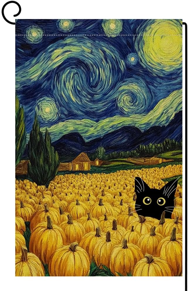 BLKWHT Fall Pumpkin Cat Garden Flag 12x18 Vertical Double Sided Blue Sky Autumn Thanksgiving Holiday Outside Decorations Burlap Yard Flag BW825