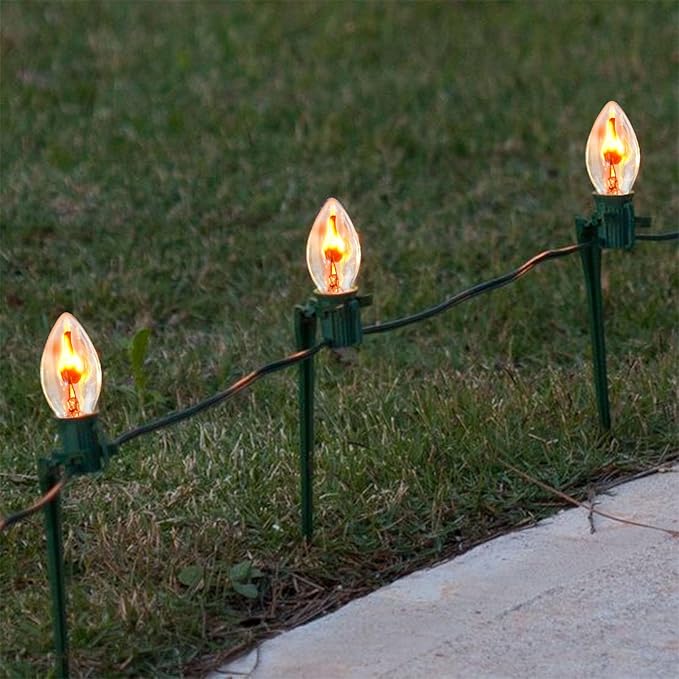 C7 Christmas Flicker Flame String Lights, 25Ft C7 Outdoor Christmas Decorations String Lights with C7 Clear Flicker Flame Bulbs, Hanging Patio Lights for Christmas Halloween Party Garden Porch-Black