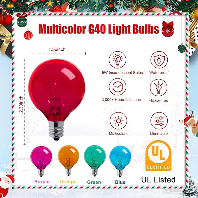Brightown 25 Pack G40 Colorful Incandescent Bulb, Vintage Globe Replacement Light Bulb for Christmas Lights, 5 Watt E12 C7 Candelabra Base for Patio Yard Garden Holiday Xmas Decoration
