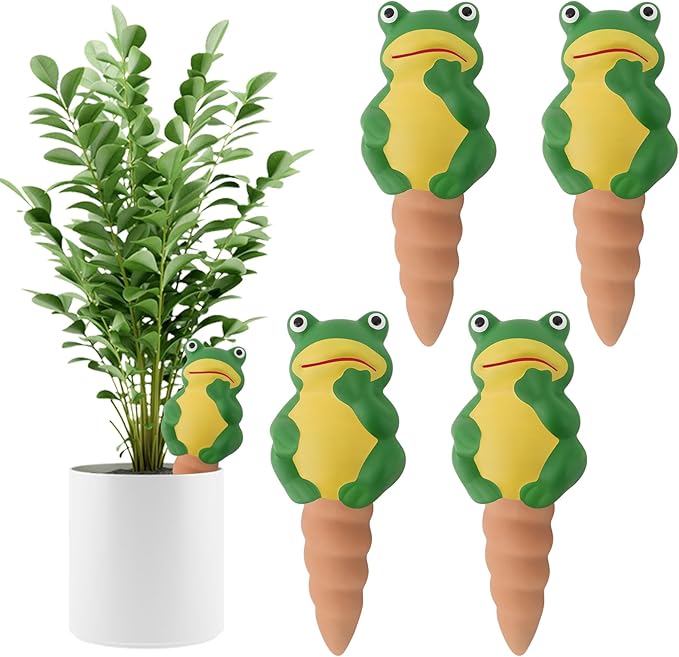 4Pcs Plant Watering Globes, Kalolary Frog Shape Self Watering Spikes Terracotta Drip Water Stakes Irrigation Watering Bulbs for Pot, Indoor, Outdoor, Vacation（Frog B）