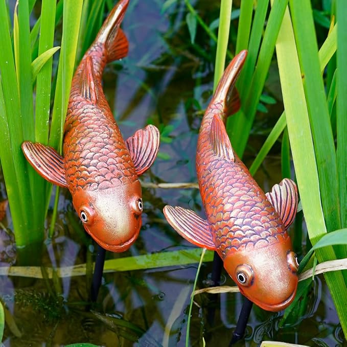 Antique Ceramic Koi Fish Garden Statues - Set of 2 | Exquisite Fish Sculptures for Outdoor, Patio, Pond, and Garden Decorations (Brassy)