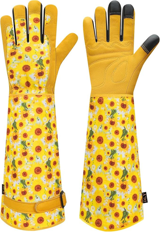 DLY Gardening Gloves for Women, Rose Gloves Gardening Thorn Proof, Long Garden Gloves for Women, Breathable Cowhide Leather Gauntlet (Large, Yellow