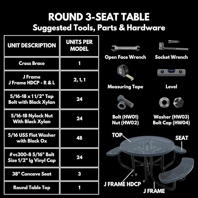 Heavy-Duty Portable Outdoor Picnic Table with Umbrella Hole, Punched Steel Patio Dining Furniture Made in America (46" Round Top, Black)