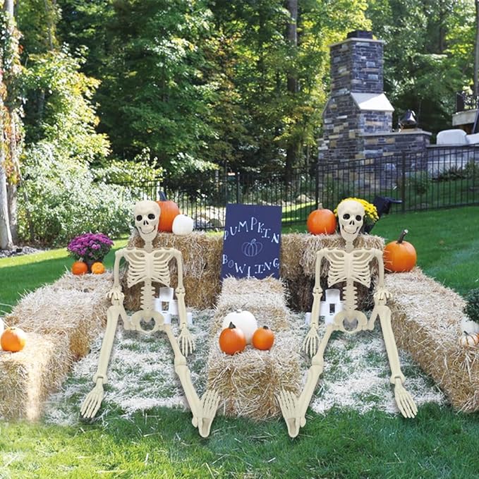CAMIRUS 2PACK Plastic Posable Halloween Skeleton Decorations, 3FT Poseable Skeleton Full Body with Movable Joints for Halloween Indoor/Outdoor Haunted Houses, Lawn, Graveyard Decor