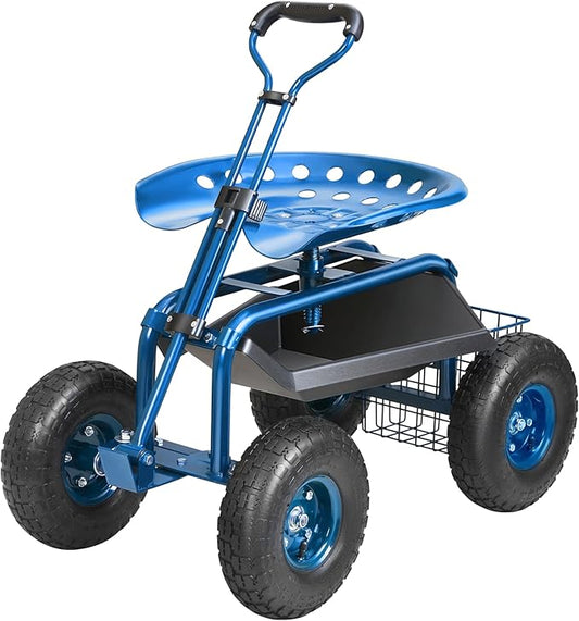 VEVOR Rolling Garden Work Seat with Wheels, Gardening Stool for Planting, 360 Degree Swivel Seat, Garden Scooter with Steering Handle & Tool Tray, Garden Chair for Outdoor, Patio and Yard, Blue