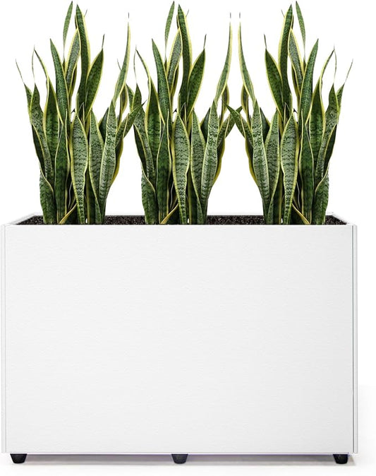 Planter Box Rectangular Block - 24×16×12IN Galvanized Steel Metal Long Box Planter Easy Installation Modern Outdoor Tall Planters All-Weather Use with Drainage Holes for Patio/Porch(White)
