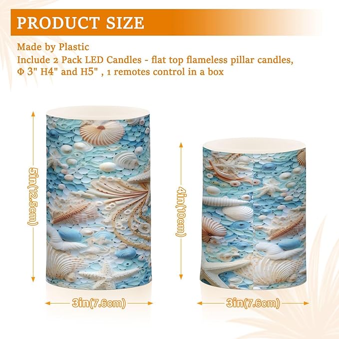 Flickering Flameless Candles, Starfish Seashell LED Candles with Remote Timer, Set of 2 Battery Operated Candle for Valentine Wedding Birthday