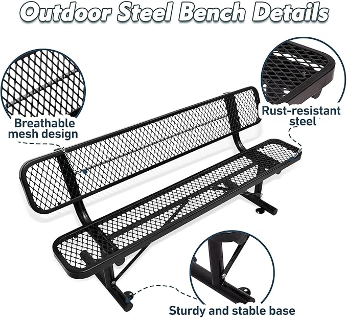 4/6/8 Feet Park Bench for Outside Heavy Duty Metal, Garden Benches Outdoor Bench with Backrest & Portable Frame, for Shopping Malls Stores Parks Patios Decks, Black