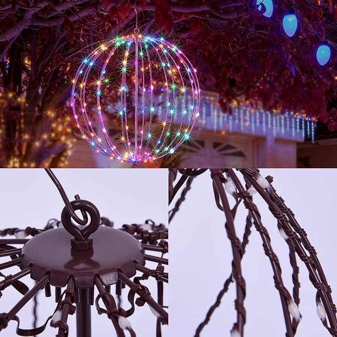 Christmas Ball Light Sphere, 12IN 96LED Hanging Tree & Pathway Lights [Foldable Metal Frame, UL Listed] - White, RGB